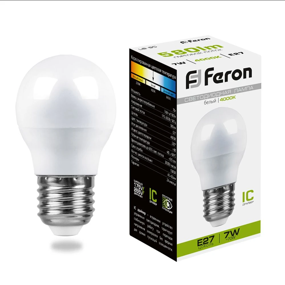 Лампа светодиодная LED 7вт Е27 белый шар (LB-95) FERON 25482