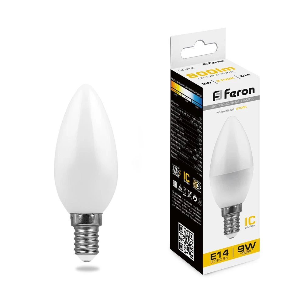Лампа светодиодная LED 9вт E14 теплый матовая свеча (LB-570) FERON 25798