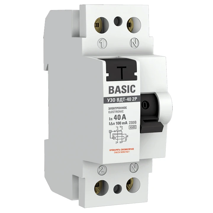 Устройство защитного отключения УЗО ВД-40 2P 40А/100мА (электронное) EKF Basic elcb-2-40-100e-sim