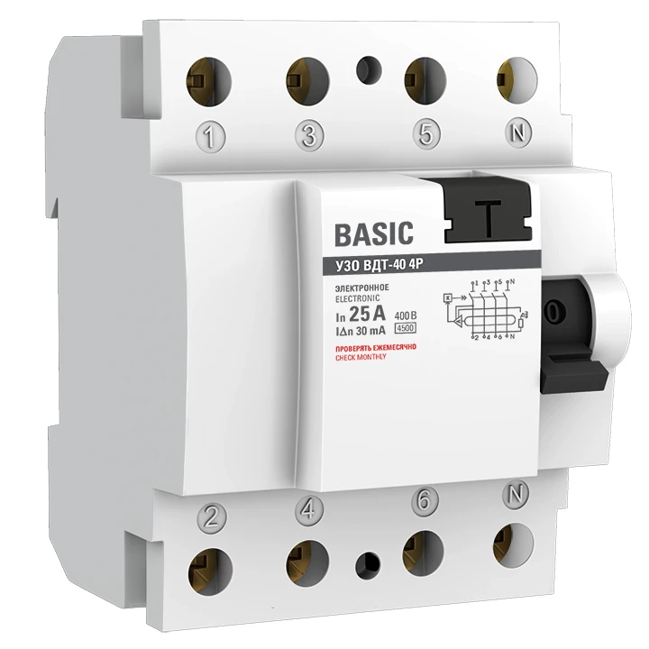 Устройство защитного отключения УЗО 4P 25А/30мА (электронное) EKF Basic elcb-4-25-30e-sim