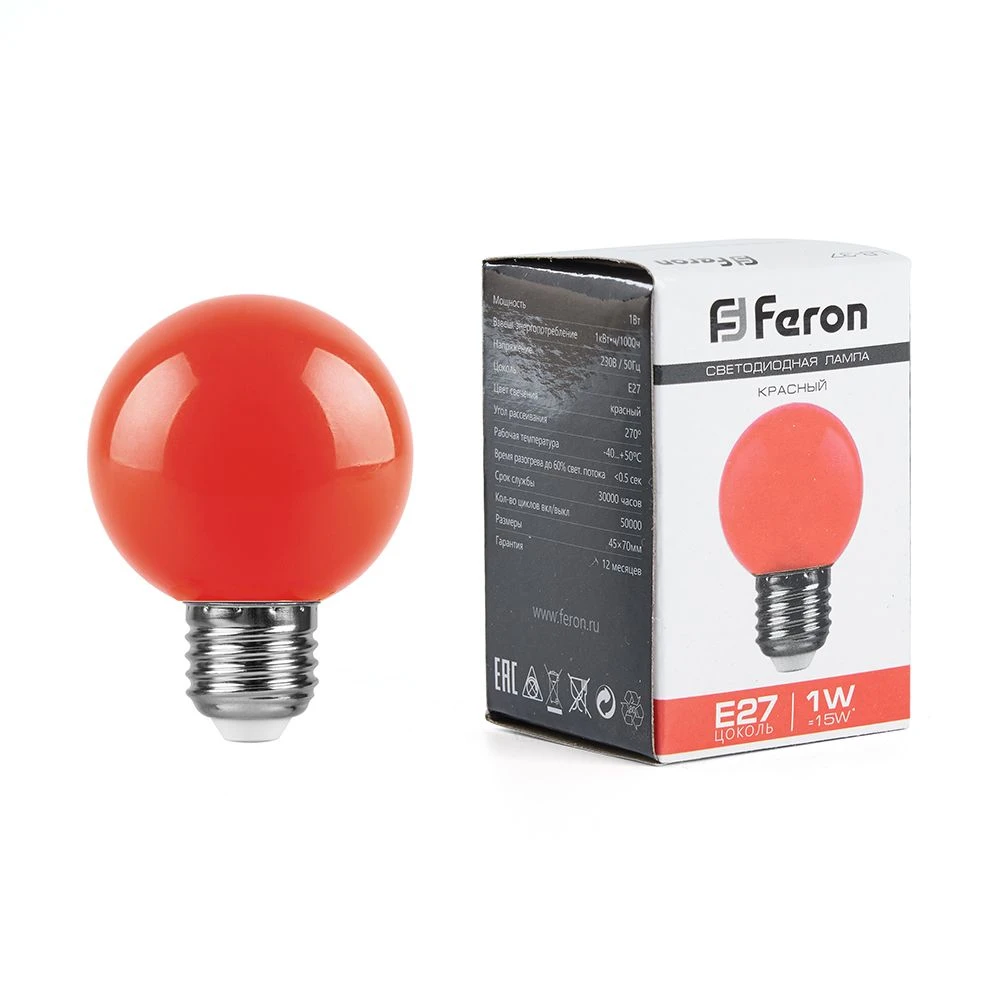 Лампа светодиодная LED 1вт Е27 красный (шар) (LB-37) FERON 25116