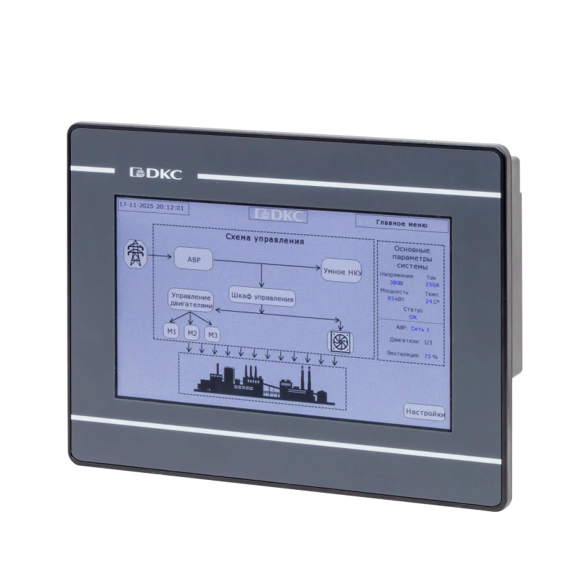 Панель операторская промышленная, диагональ 7, дисплей TFT 16,77М цветов, разрешение 800х480 px, порты: 2 COM, 1 Micro USB, 1 USB, 1 Ethernet DKC H1000-T070E