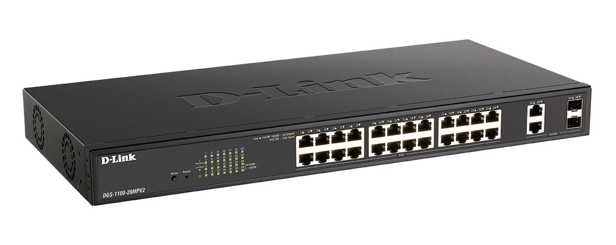 Коммутатор настраиваемый L2 PoE 26 портов, 24хPoE 10/100/1000 Мб/с, 2хRJ45/SFP+, 370 Вт D-Link 142538