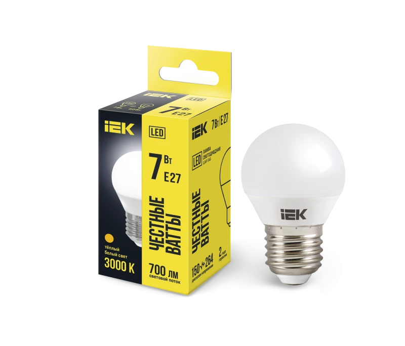 Лампа светодиодная LED 7вт E27 тепло-белый матовый шар ECO IEK LLE-G45-7-230-30-E27