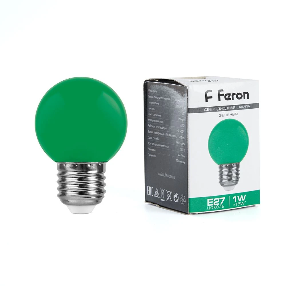 Лампа светодиодная LED 1вт Е27 зеленый (шар) FERON LB-37 25117