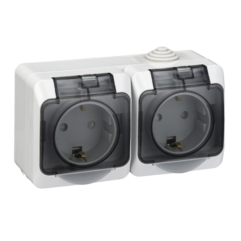 ЭТЮД Розетка двойная наружная с заземлением со шторками IP44 серая Systeme Electric PA16-244C