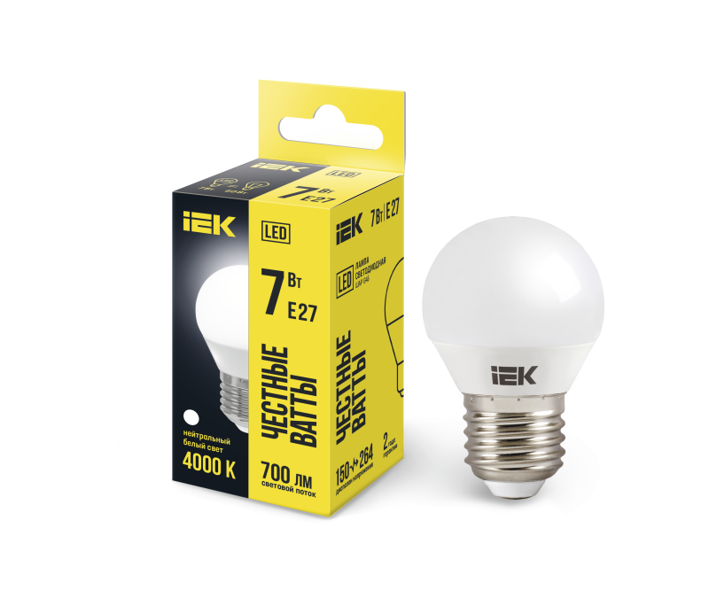 Лампа светодиодная LED 7вт E27 белый матовый шар ECO IEK LLE-G45-7-230-40-E27