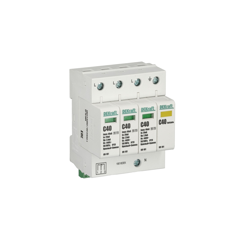 Ограничитель перенапряжения четырехполюсный ОП-101 4п 40кА С 420В DEKraft 18018DEK