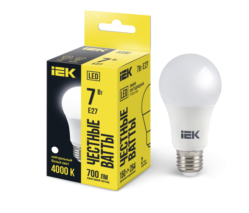 Лампа светодиодная LED 7вт E27 белый ECO IEK LLE-A60-7-230-40-E27