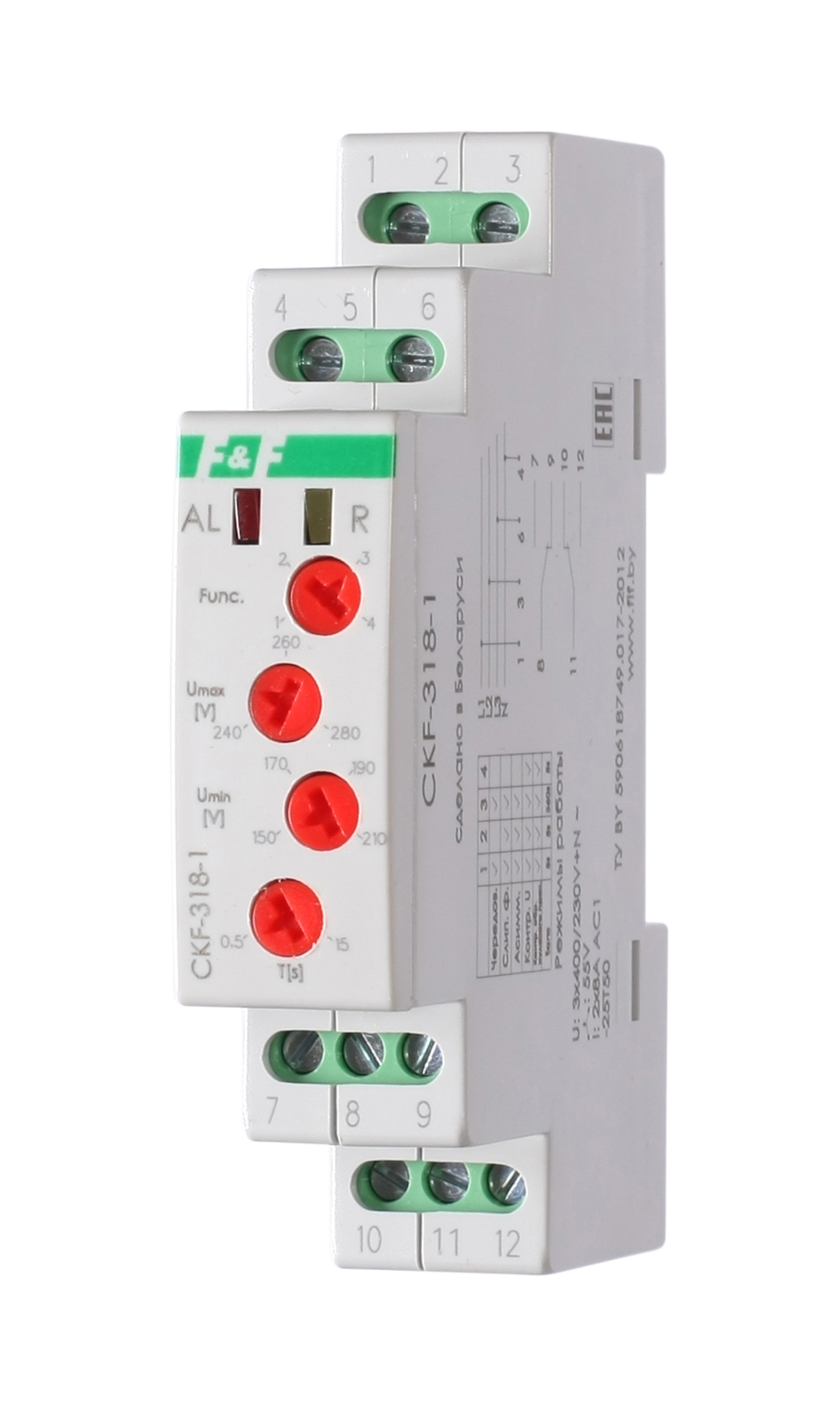 Реле контроля фаз и напряжения CKF-318-1          трехфазное регулируемое, переключение выбора      режимов, крепление на DIN-рейку (EA04.002.007) Евроавтоматика F&F EA04.002.007