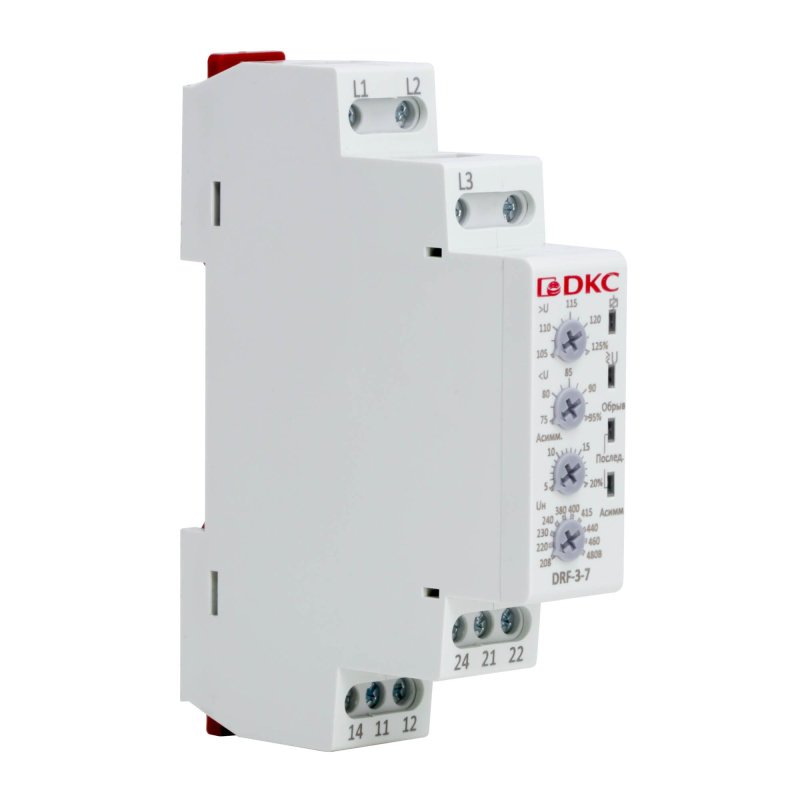 Реле контроля фаз, 3 фазы, контроль напряжения , контроль обрыва фаз, котроль чередования фаз, контроль асимметрии, конфигурация контакта 2CO, 208-480В DKC DRF-3-7