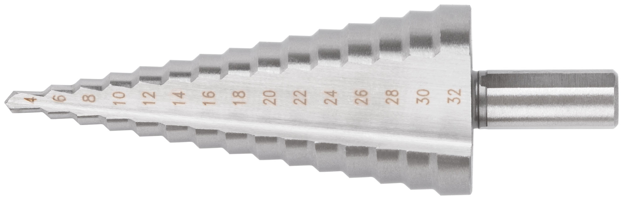 Сверло ступенчатое HSS (Р6М5) по металлу, 15 ступеней, 4-32 мм FIT 36400