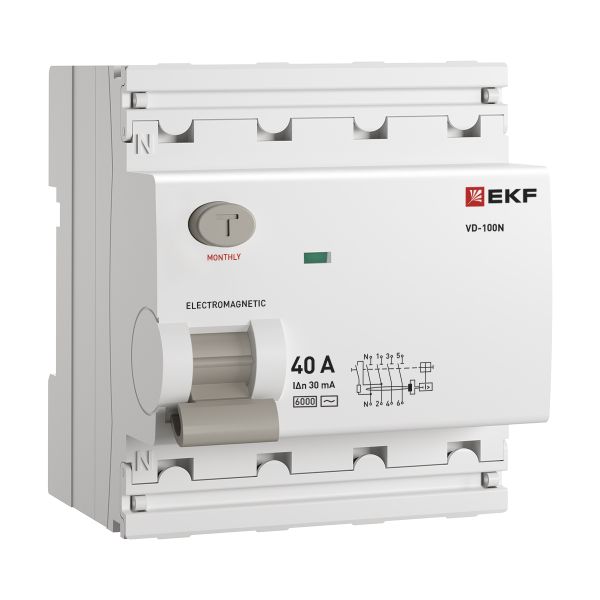Выключатель дифференциального тока ВД-100N  4P 40А 30мА тип AC эл-мех 6кА PROXIMA EKF E1046M4030