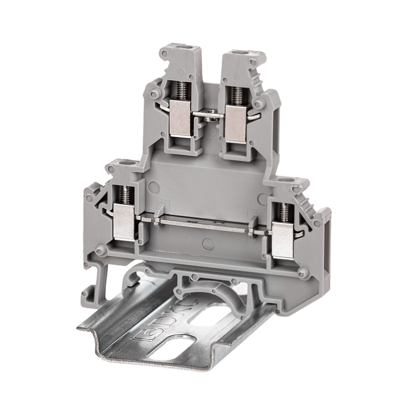 Клемма двухуровневая , винтовой зажим, 4 точки подключения, 2.5 кв.мм, серая DKC KRUK-3