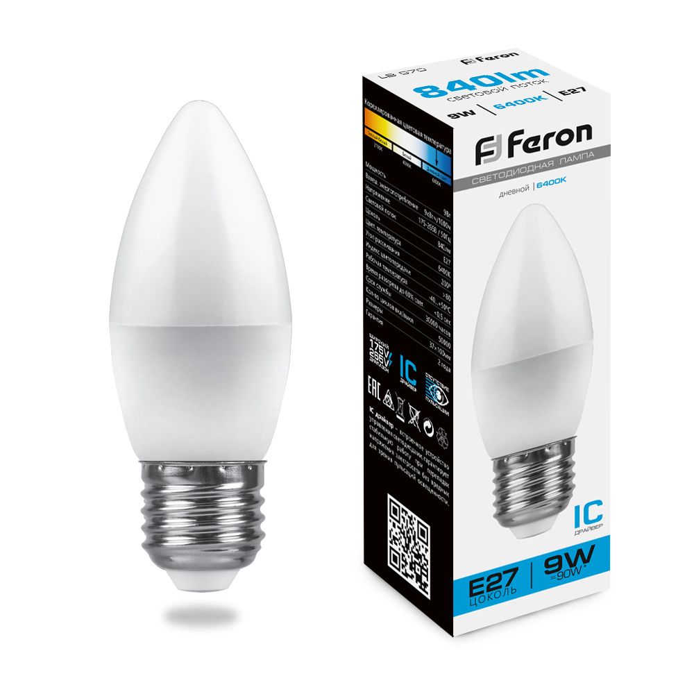 Лампа светодиодная LED 9вт Е27 дневной матовая свеча FERON LB-570 25938