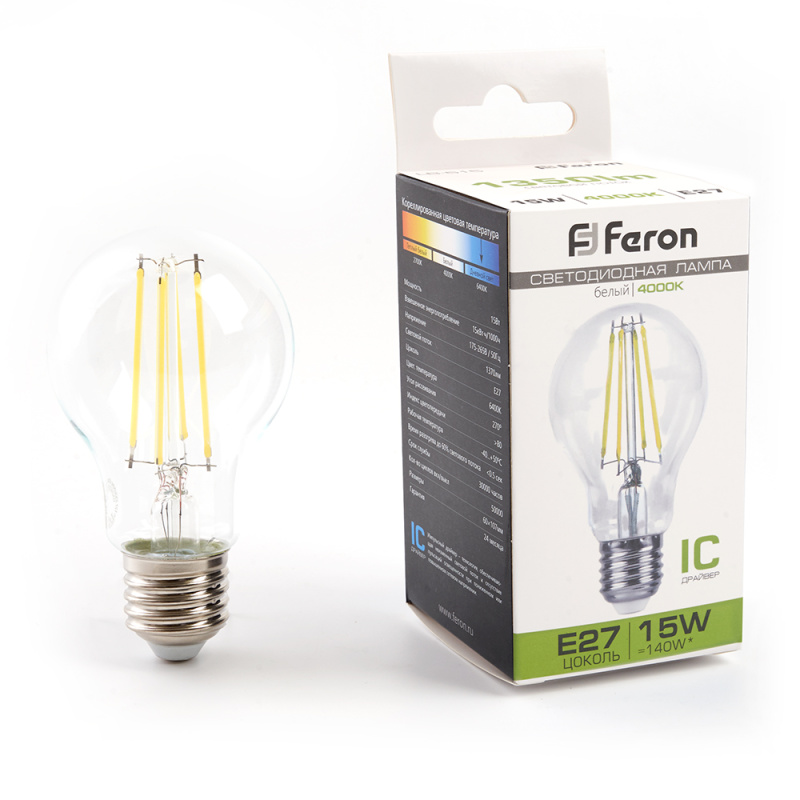 Лампа светодиодная LED 15вт Е27 белый FILAMENT FERON 38242