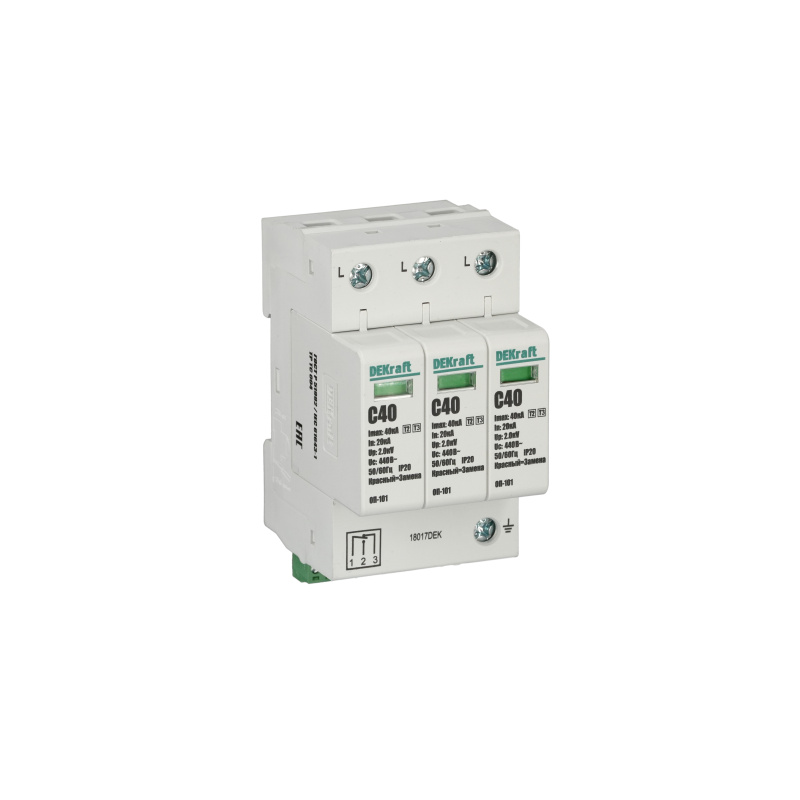 Ограничитель перенапряжения трехполюсный ОП-101 3п 40кА C DEKraft 18017DEK