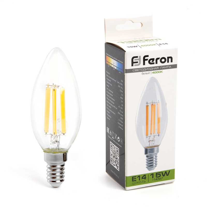 Лампа светодиодная LED 15вт Е14 белый свеча FILAMENT FERON 38258