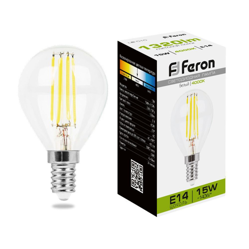 Лампа светодиодная LED 15вт Е14 белый шар FILAMENT FERON 38250