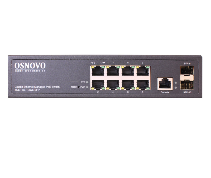 Коммутатор управляемый L2 PoE Gigabit Ethernet на 8 RJ45 PoE + 2 x GE SFP порта SW- 80802/L(150W) OSNOVO 00013595