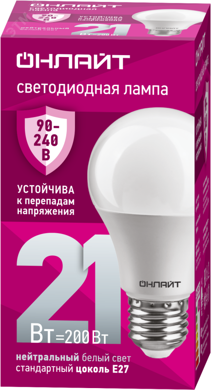 Лампа светодиодная 21вт OLL-A60-21-230-4K-E27 ОНЛАЙТ 31987