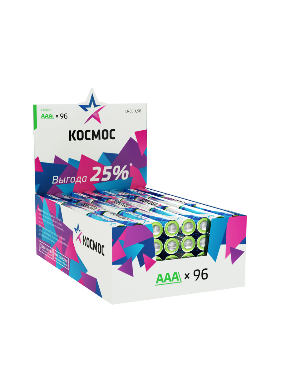 Батарейка  LR03 AAA, Alkaline 1.5В, 96 шт/уп, Космос KOCLR03_96BOX
