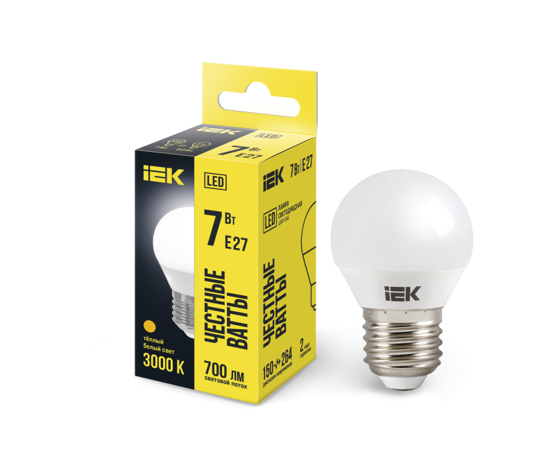 Лампа светодиодная LED 7вт E27 тепло-белый матовый шар ECO IEK LLE-G45-7-230-30-E27