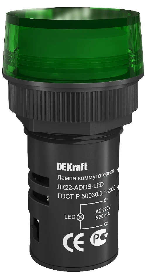 Лампа ADDS 22мм зеленая LED 220В DEKraft 25002DEK