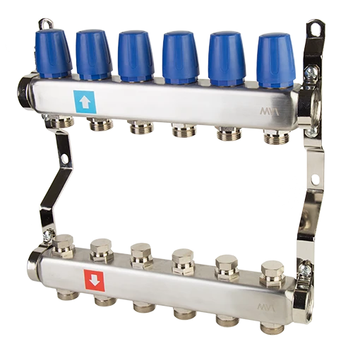 Коллекторная группа с ручными регулировочными клапанами 1' х 6 выходов 3/4' НР евроконус (MS.406.06) MVI MS.406.06