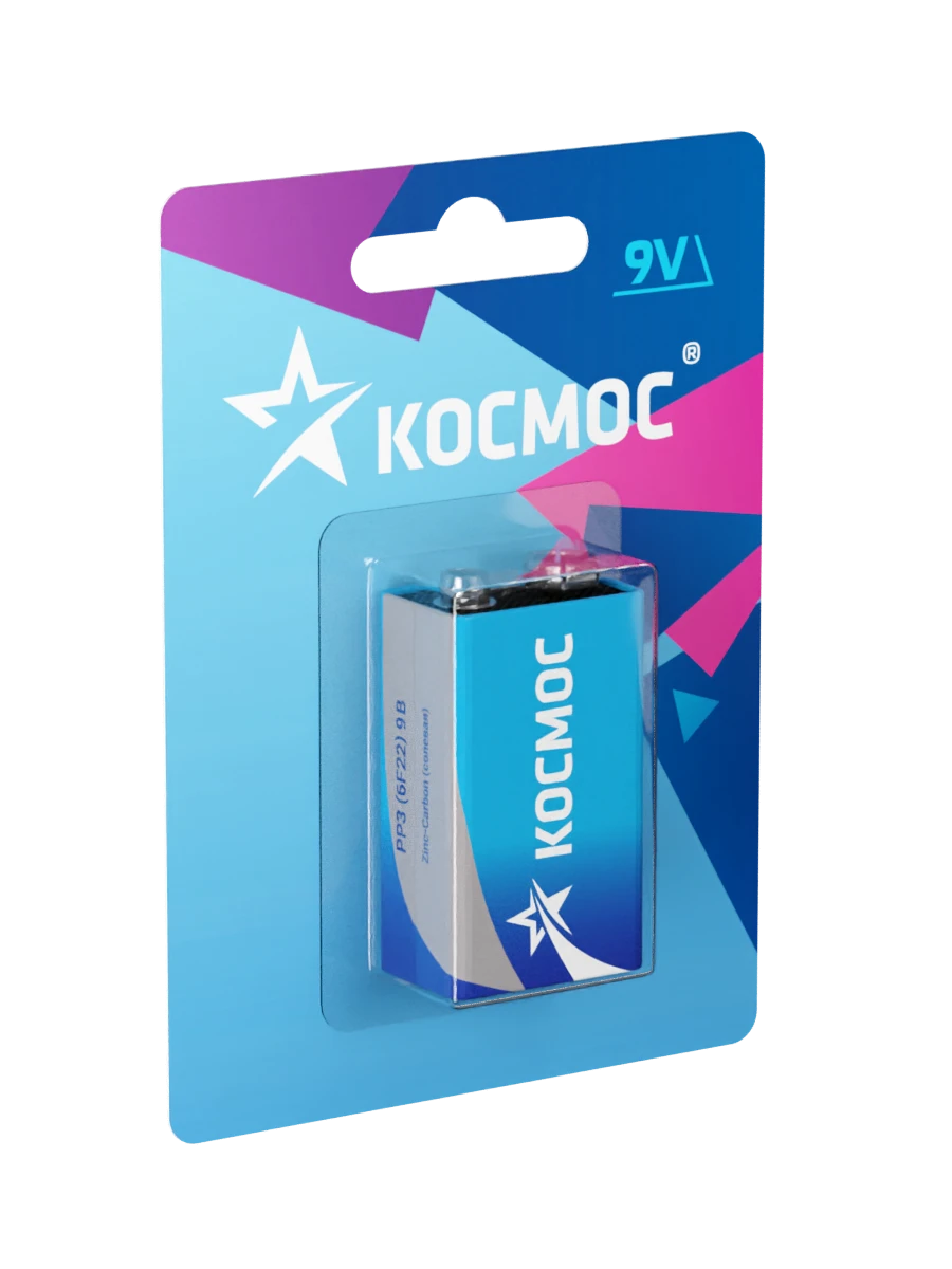 Элемент питания 6F22 (крона) 9V Zinc carbon 1BL Космос KOC6F221BL