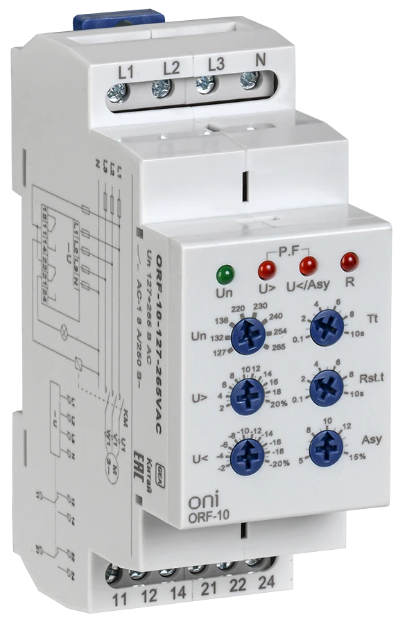 Реле фаз ORF-10 3ф. 2 конт. 127-265В AC с контр. нейтр. ONI ORF-10-127-265VAC