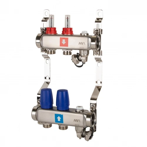 Коллекторная группа с расходомерами 1' х 2 выхода 3/4' НР евроконус с дренажным краном и воздухоотводчиком (MS.702.06) MVI MS.702.06