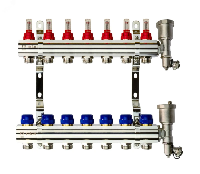 Коллекторная группа FHF-7RF set 7 контуров 1' х 3/4' с расходомерами, воздухоотводчиками и кронштейнами Ридан 088U0727R