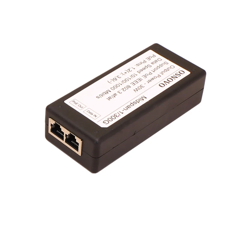 Инжектор PoE 1хRJ45 10/100/1000 Мб/с, 802.3af/at, до 30 Вт, AC 220В, DC 52В OSNOVO 00013337