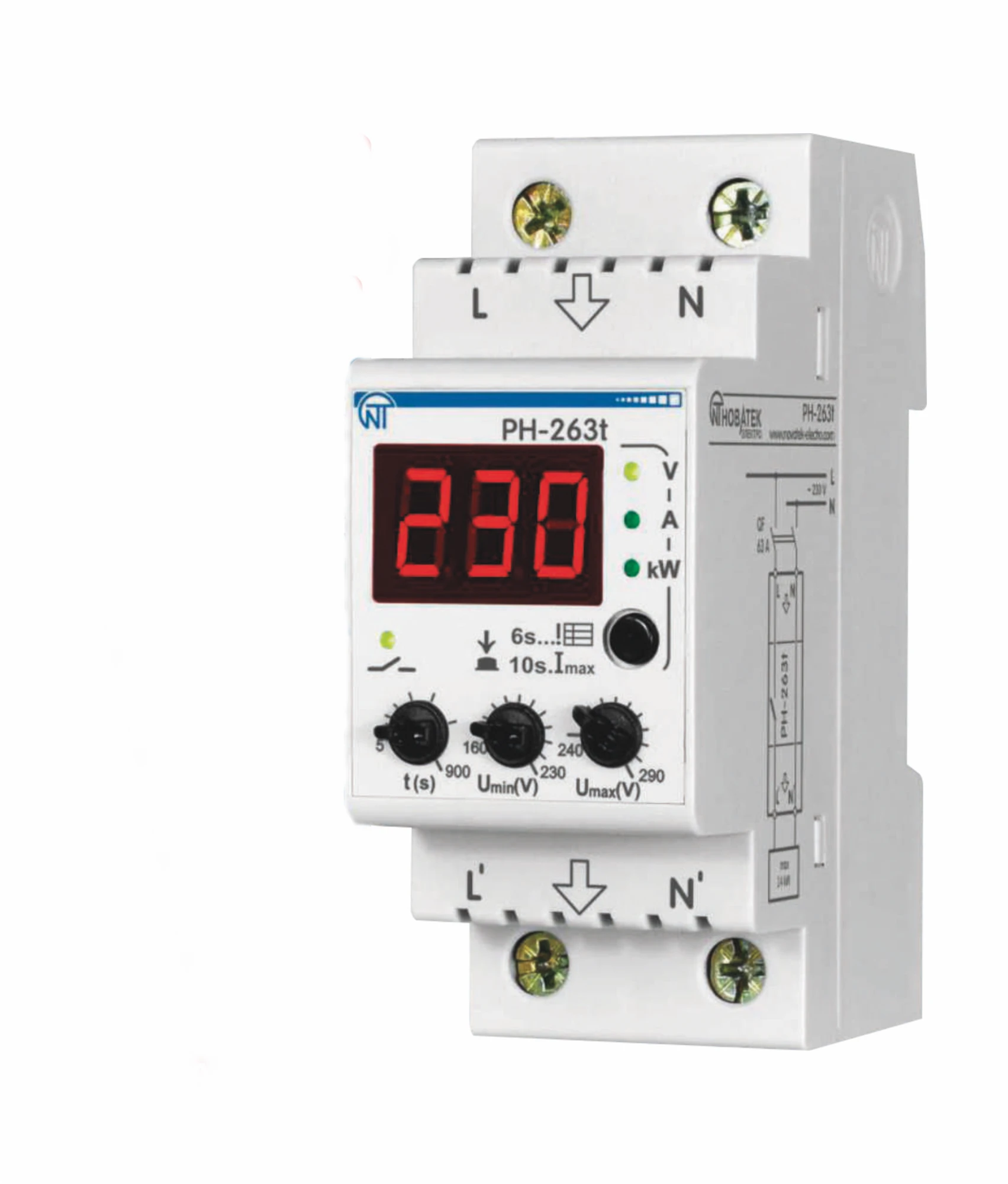 Реле напряжения РН-263Т 63А с термозащитой, ограничение тока, ( 2 DIN) Новатек-Электро 3425600263т 3425600263т