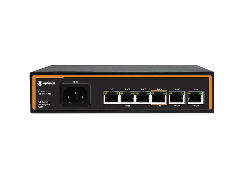 Коммутатор неуправляемый PоE 4 порта 10/100 Мб/с 2хRJ-45, 60Вт Optimus CCTV В0000014159