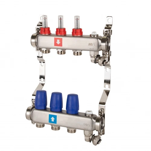 Коллекторная группа с расходомерами 1' х 3 выхода 3/4' НР евроконус с дренажным краном и воздухоотводчиком MVI MS.703.06