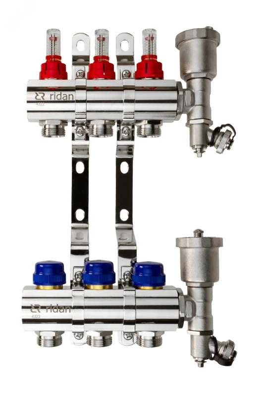 Коллекторная группа FHF-3RF set 3 контура 1' х 3/4' с расходомерами, воздухоотводчиками и кронштейнами Ридан 088U0723R