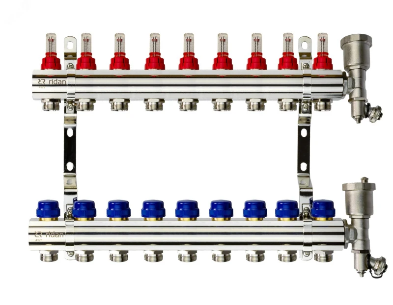 Коллекторная группа FHF-9RF set 9 контуров 1' х 3/4' с расходомерами, воздухоотводчиками и кронштейнами Ридан 088U0729R