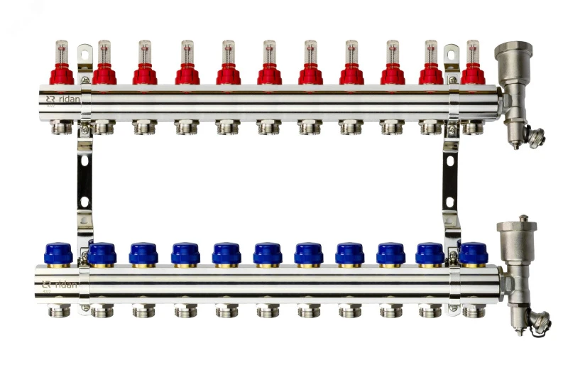 Коллекторная группа FHF-11RF set 11 контуров 1' х 3/4' с расходомерами, воздухоотводчиками и кронштейнами Ридан 088U0731R